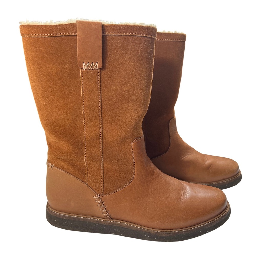 Clarks Glick Elmfield Tan Leather Suede Shearling Lined Mid Calf Boots 8M GUC